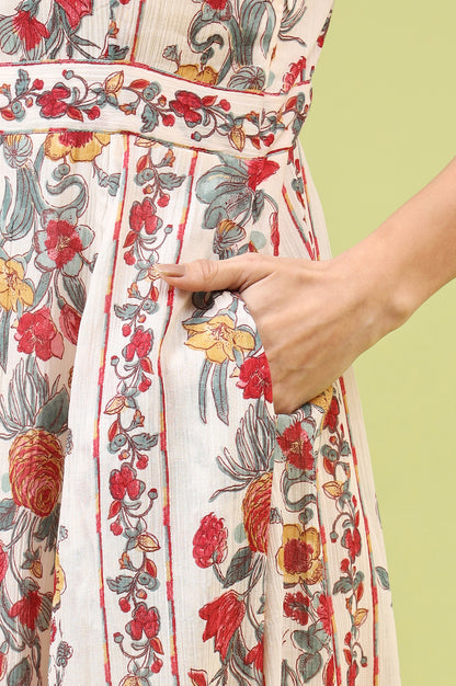 Off-White Vibrant Floral Printed Pure Cotton Flared Spaghetti Dress