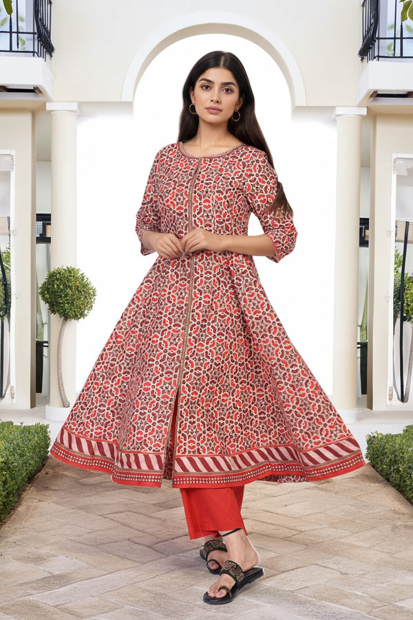 Red Geometric Embroidered Anarkali Cotton Kurta