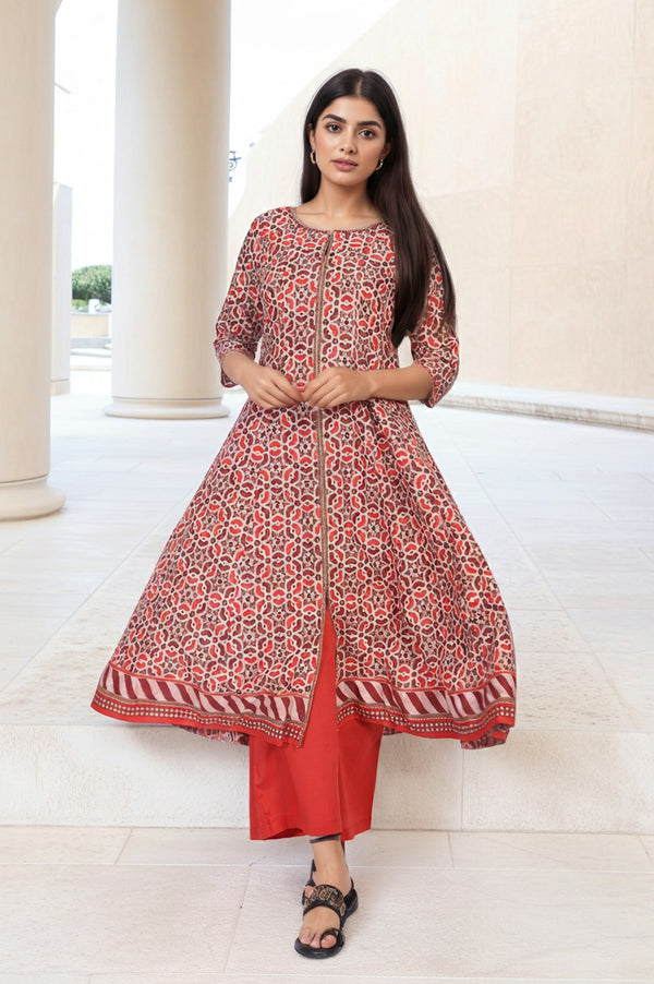Red Geometric Embroidered Anarkali Cotton Kurta