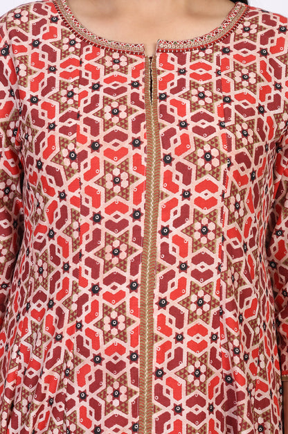 Red Geometric Embroidered Anarkali Cotton Kurta
