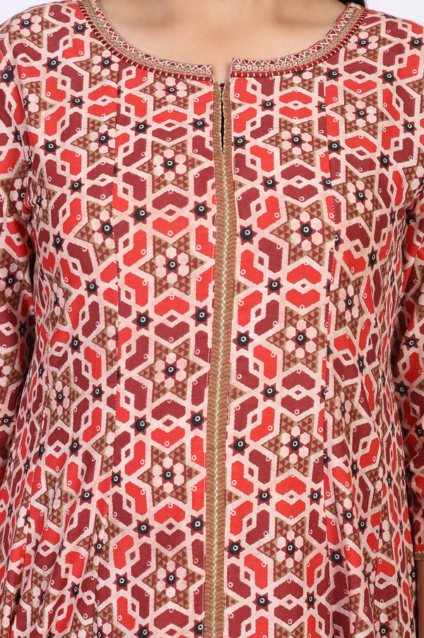 Red Geometric Embroidered Anarkali Cotton Kurta
