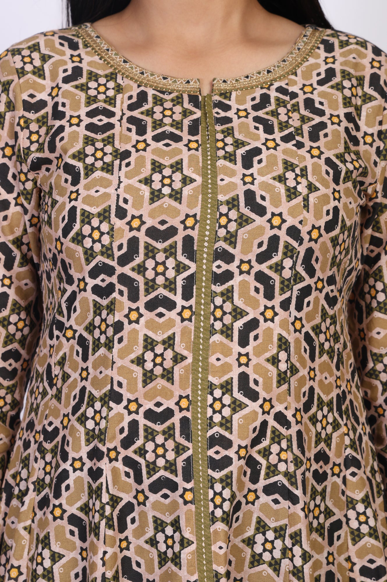 Beige Geometric Printed Embroidered Anarkali Cotton Kurta