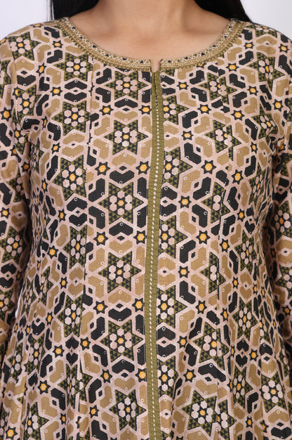 Beige Geometric Printed Embroidered Anarkali Cotton Kurta