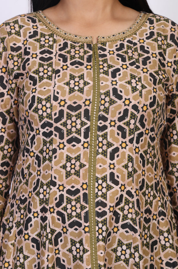 Beige Geometric Printed Embroidered Anarkali Cotton Kurta