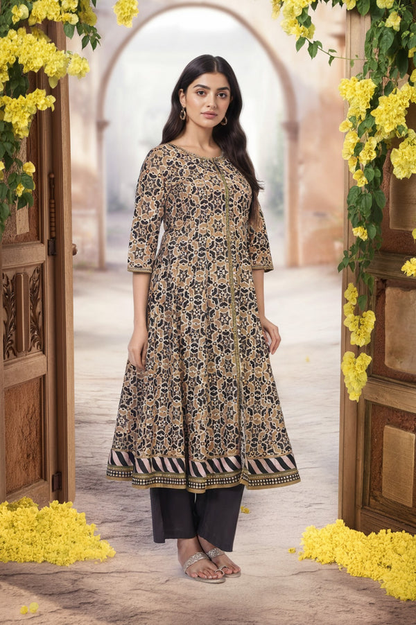 Beige Geometric Printed Embroidered Anarkali Cotton Kurta