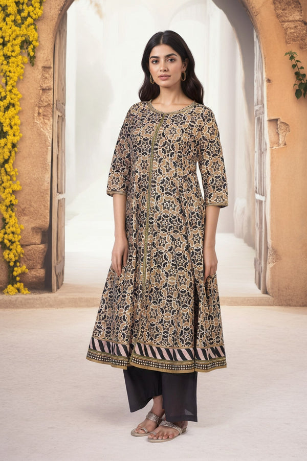 Beige Geometric Printed Embroidered Anarkali Cotton Kurta
