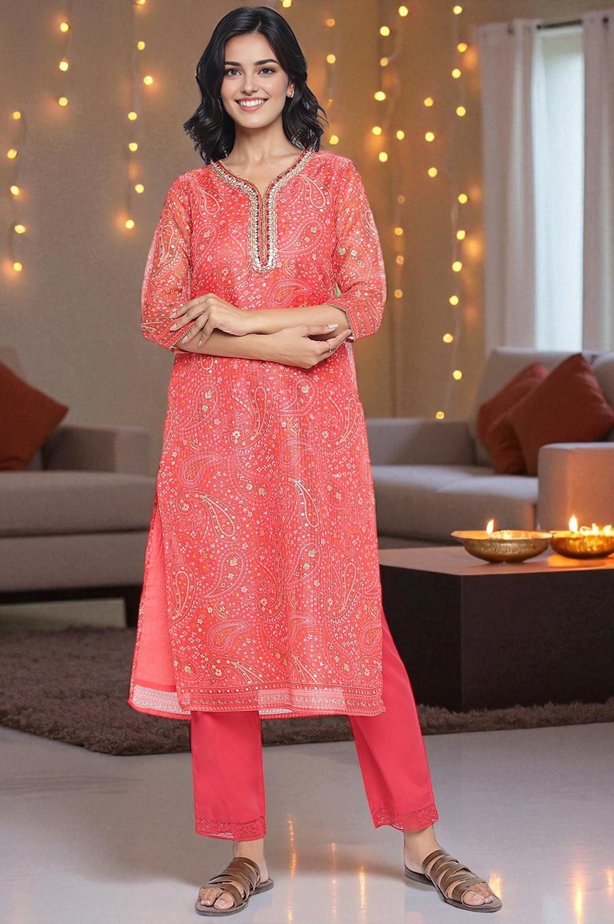 Ruby Red Printed Kota Doria Straight Kurta - XS