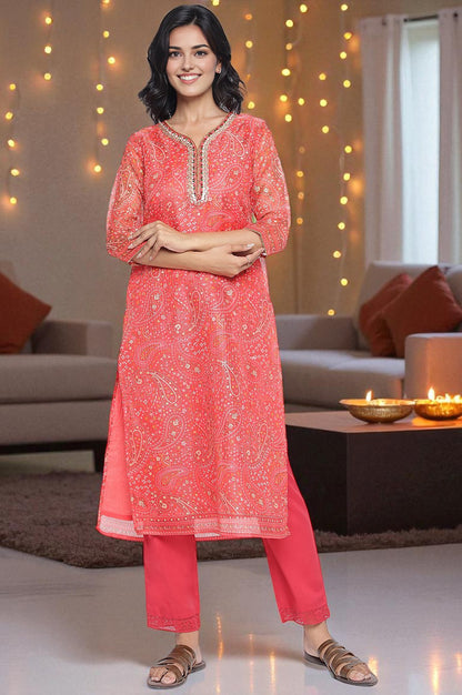 Ruby Red Printed Kota Doria Straight Kurta
