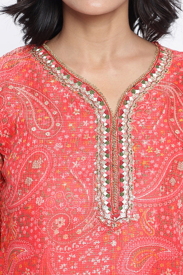 Ruby Red Printed Kota Doria Straight Kurta