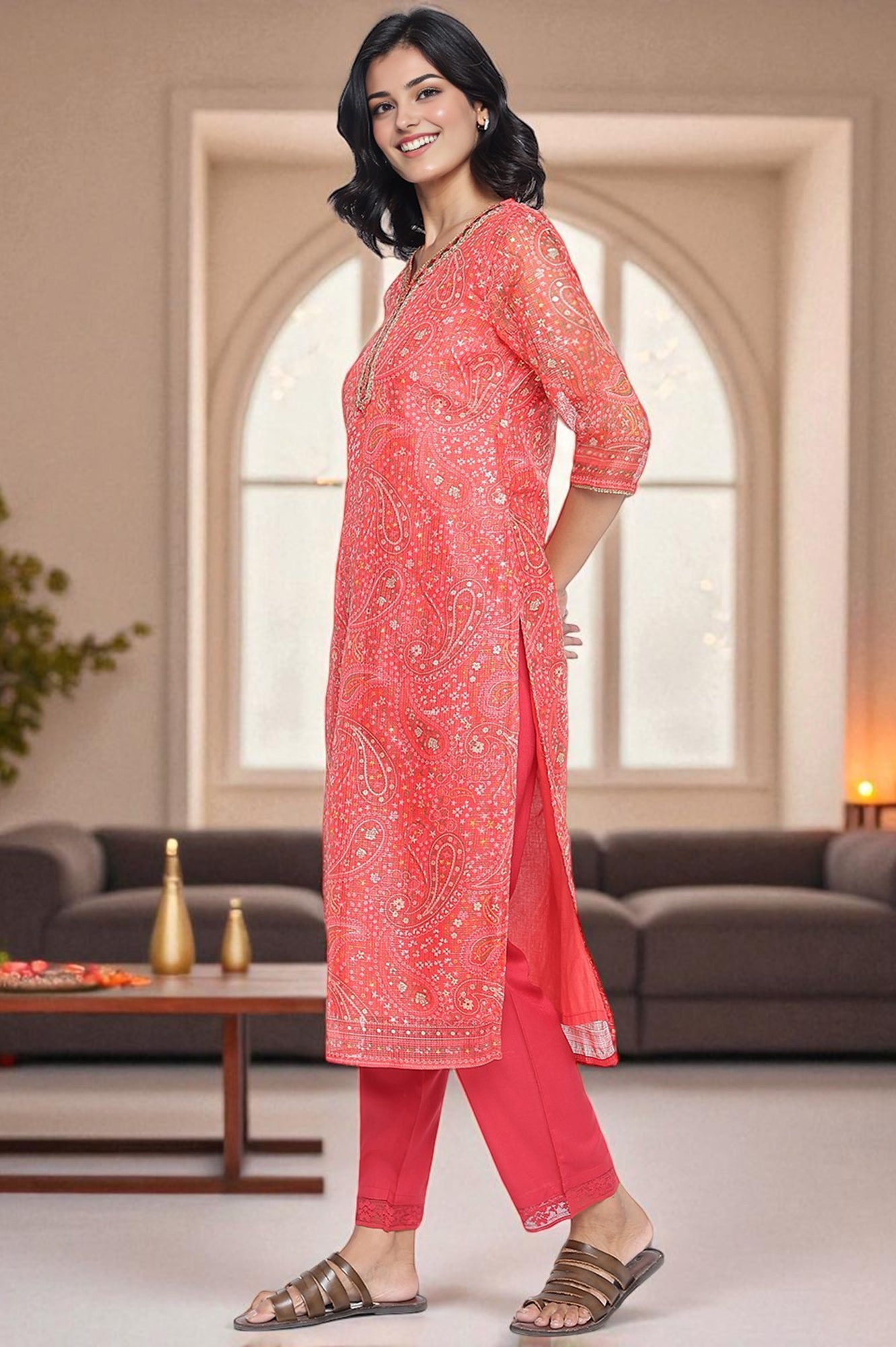 Ruby Red Printed Kota Doria Straight Kurta