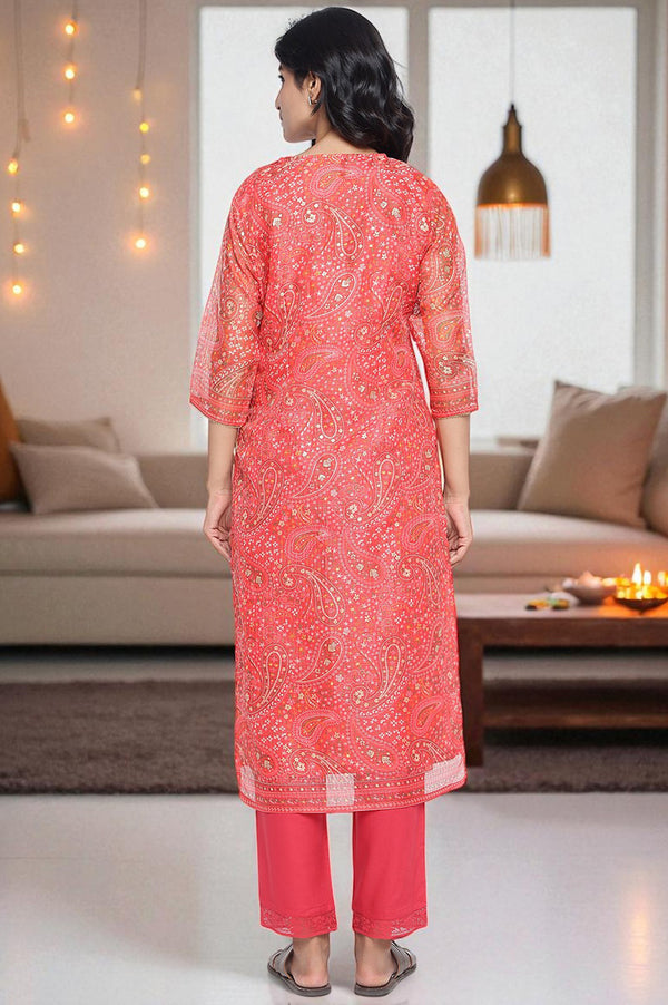 Ruby Red Printed Kota Doria Straight Kurta