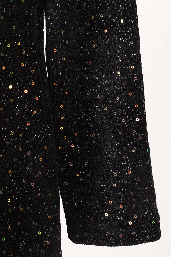 Black Sequined Flared Western Dress