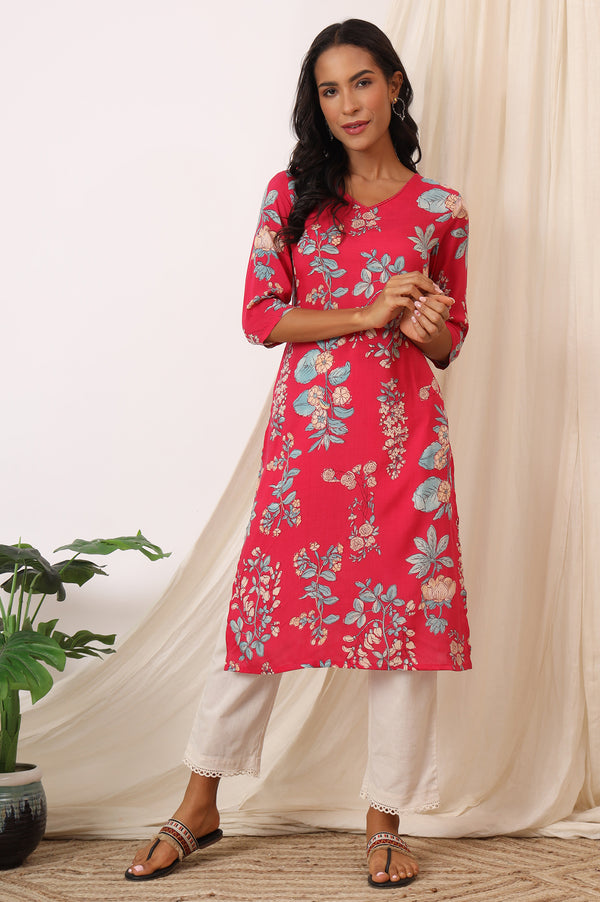 Pink Floral Printed Modal Straight Kurta
