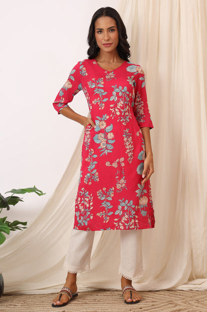 Pink Floral Printed Modal Straight Kurta