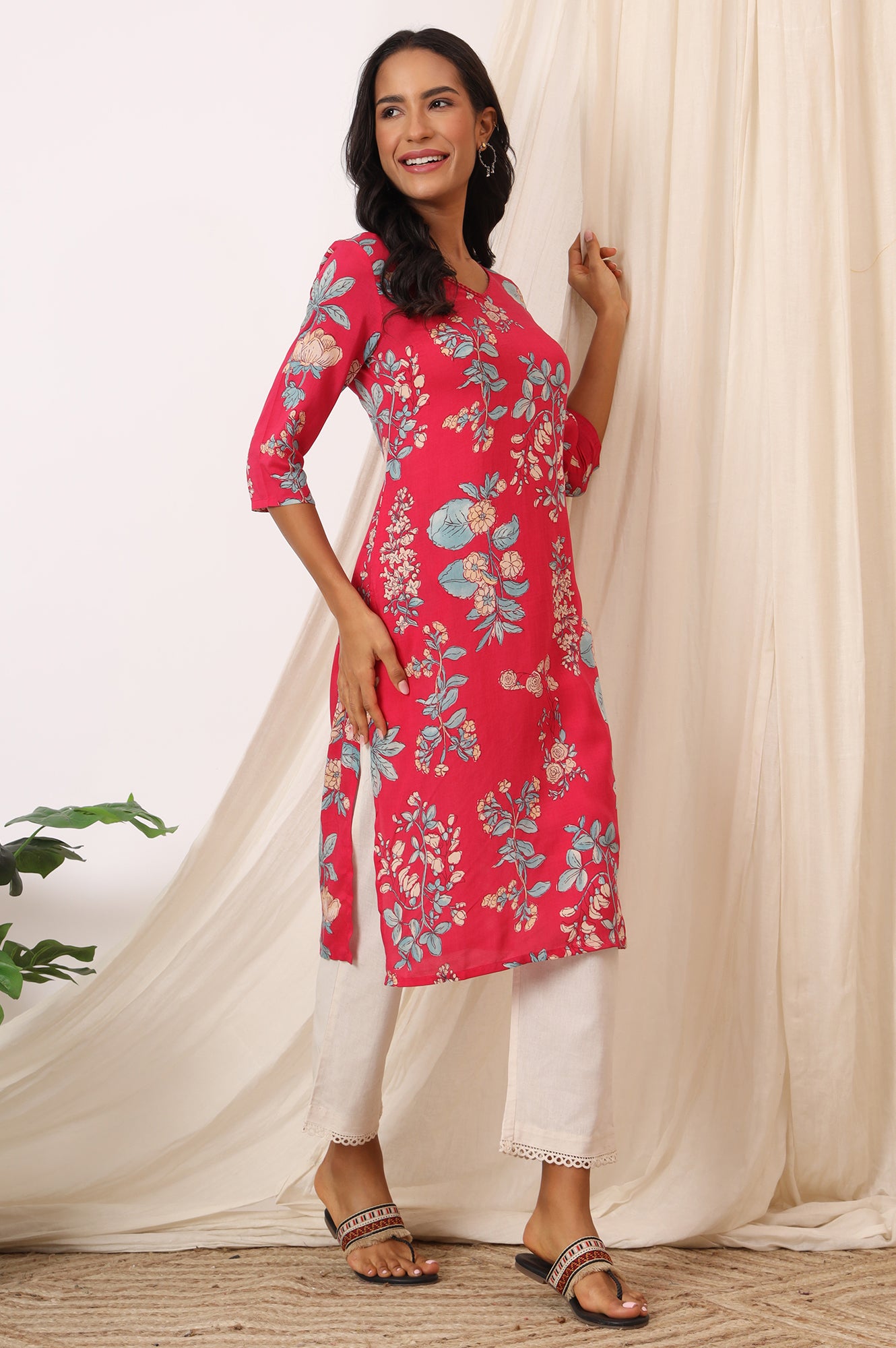 Pink Floral Printed Modal Straight Kurta