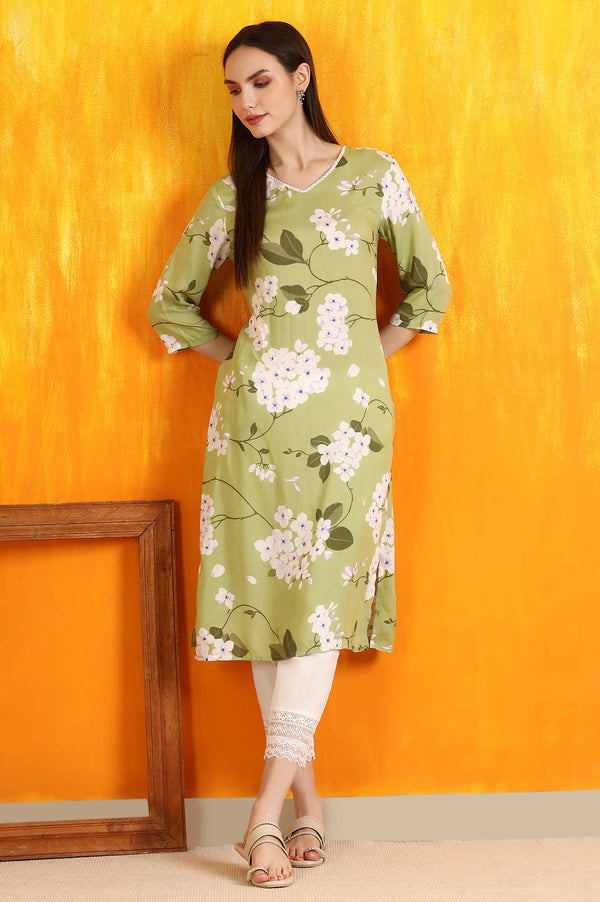 Green Bold Floral Printed Modal Straight Kurta