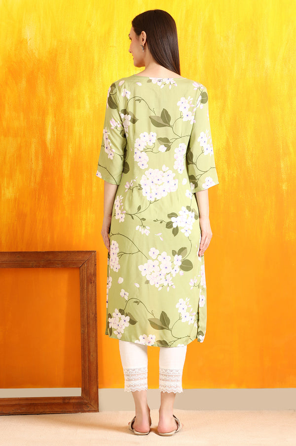 Green Bold Floral Printed Modal Straight Kurta