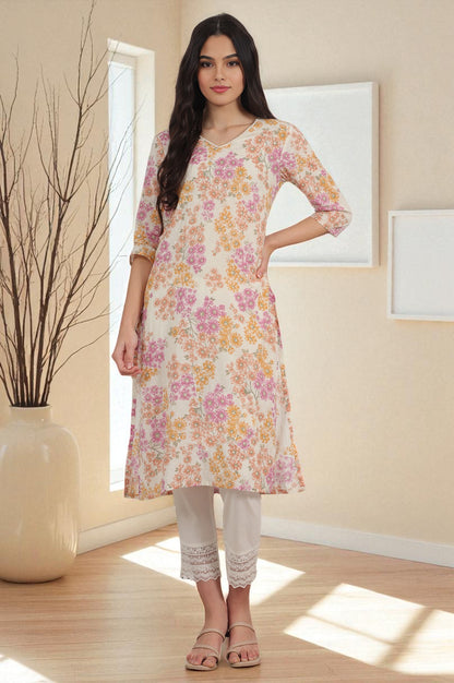 White Floral Printed Pure Cotton Straight Kurta