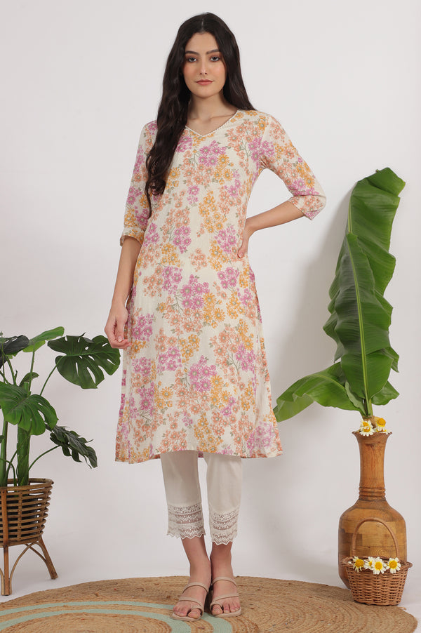 White Floral Printed Pure Cotton Straight Kurta