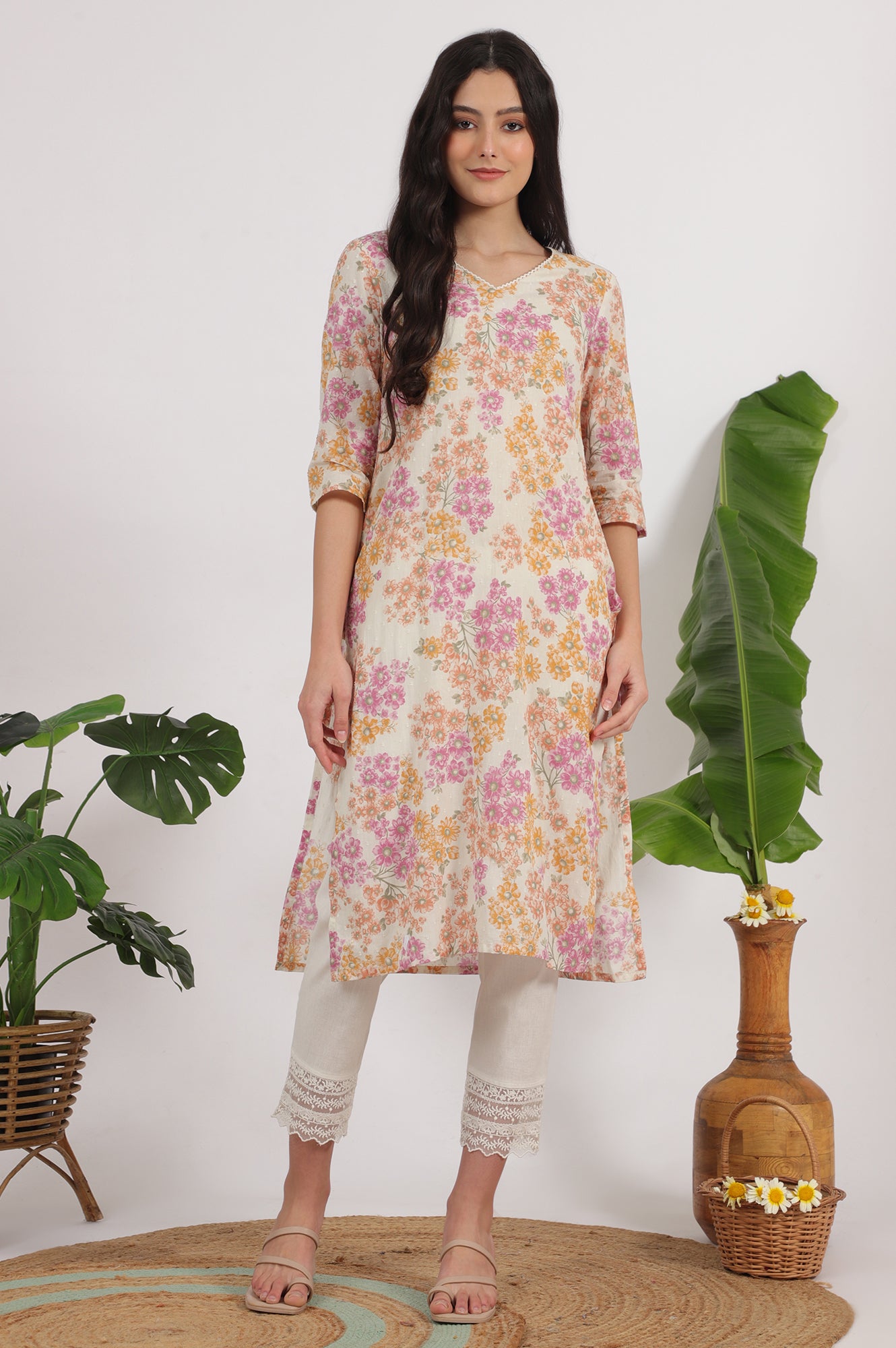 White Floral Printed Pure Cotton Straight Kurta