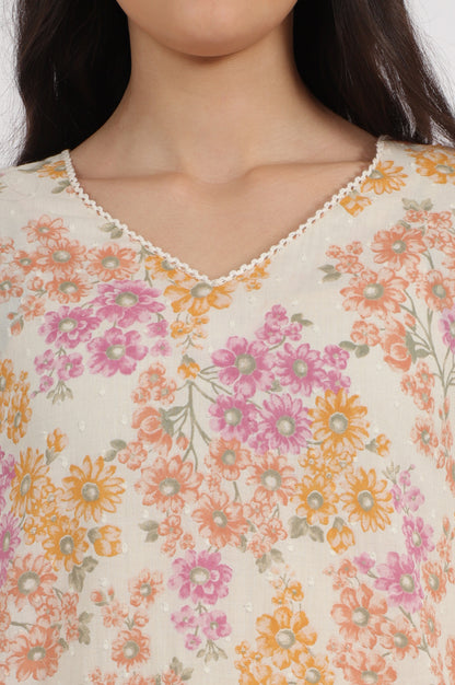 White Floral Printed Pure Cotton Straight Kurta