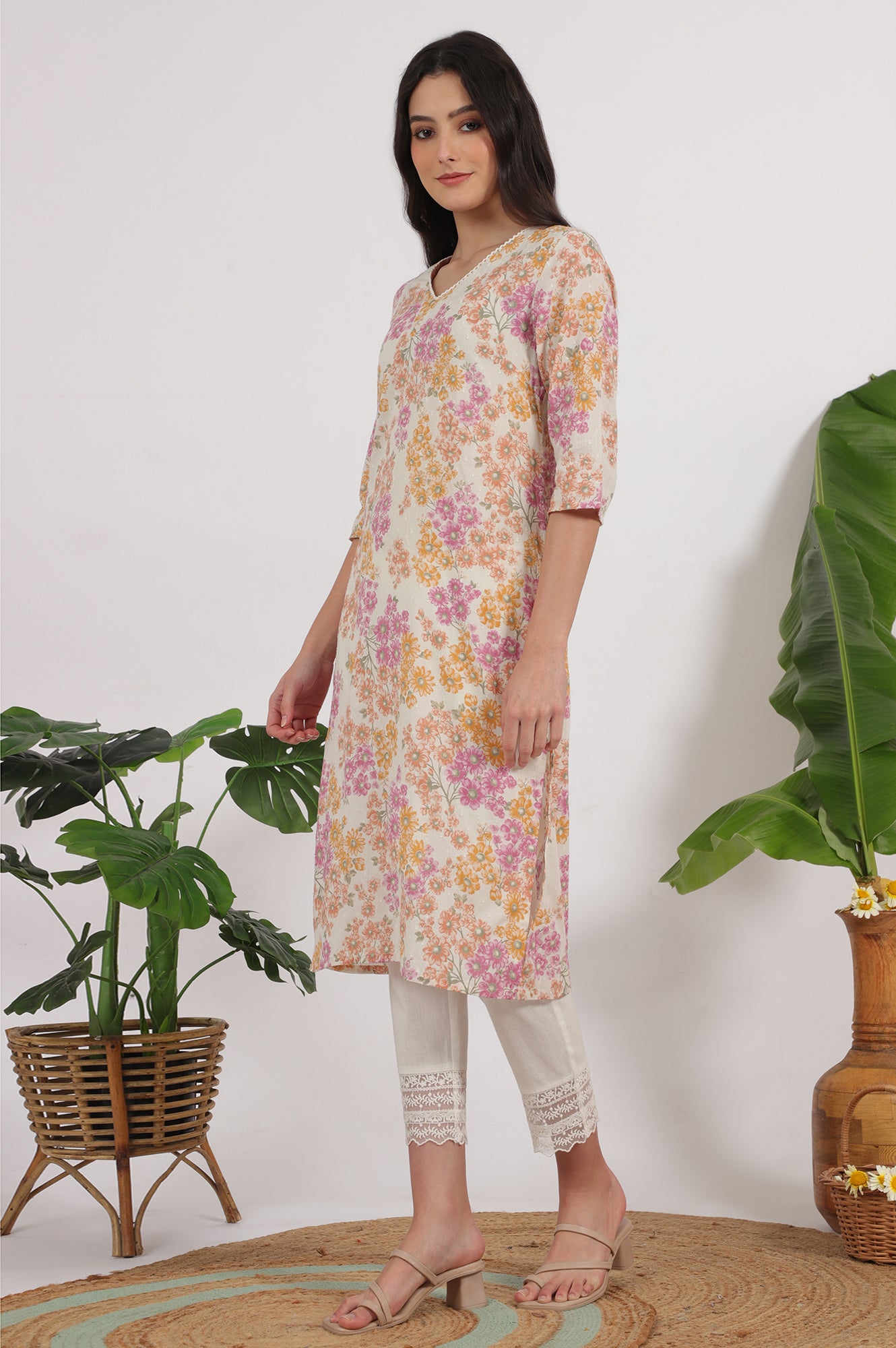 White Floral Printed Pure Cotton Straight Kurta