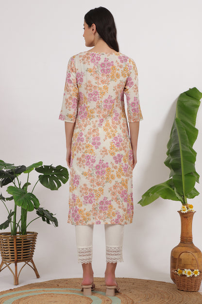 White Floral Printed Pure Cotton Straight Kurta