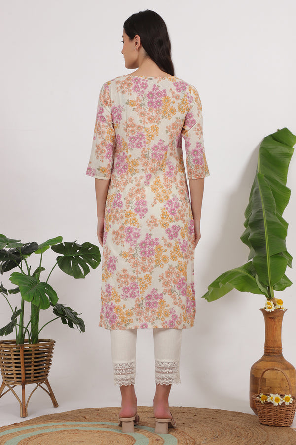 White Floral Printed Pure Cotton Straight Kurta