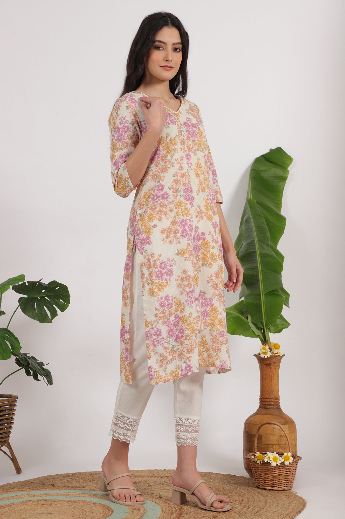 White Floral Printed Pure Cotton Straight Kurta