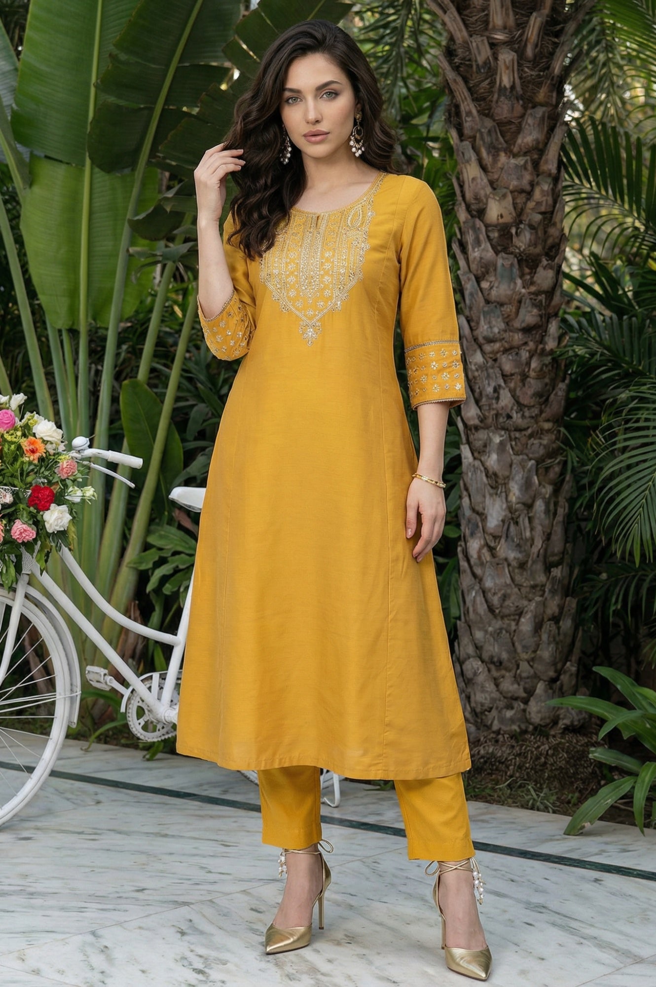 Mustard Embroidered A-Line Rayon Kurta