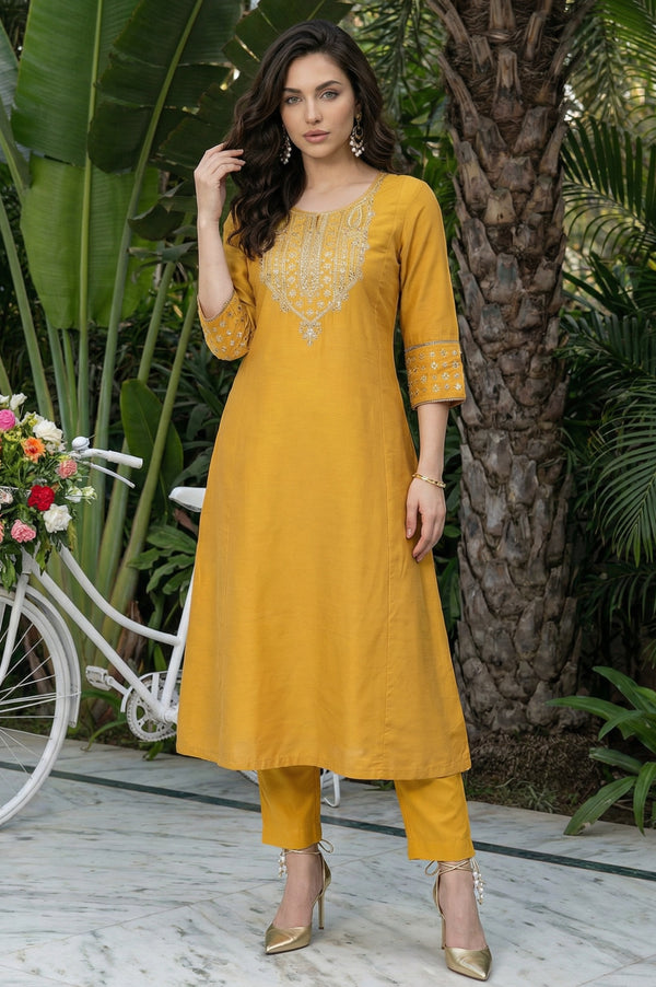 Mustard Embroidered A-Line Rayon Kurta