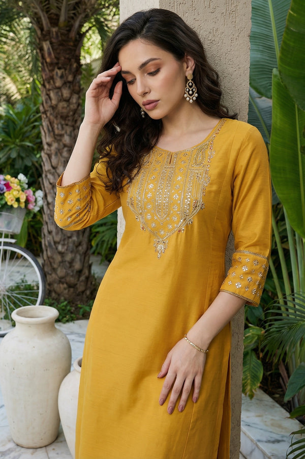 Mustard Embroidered A-Line Rayon Kurta