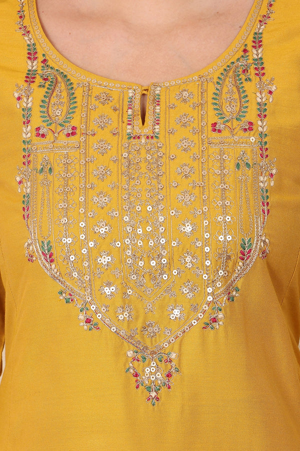 Mustard Embroidered A-Line Rayon Kurta