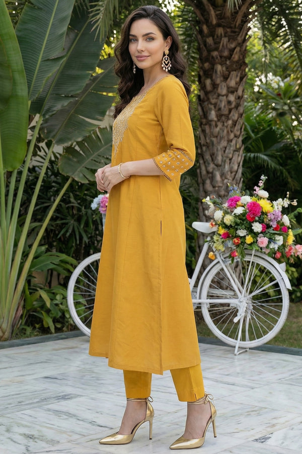 Mustard Embroidered A-Line Rayon Kurta