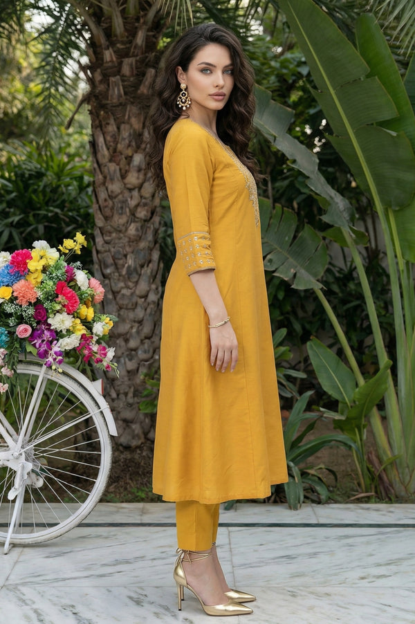 Mustard Embroidered A-Line Rayon Kurta
