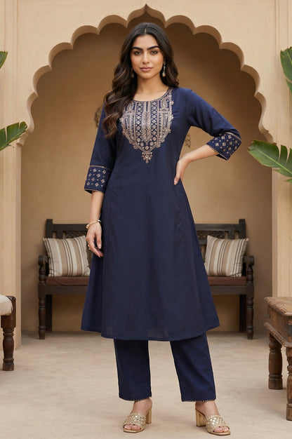 Navy Blue Embroidered Straight Kurta