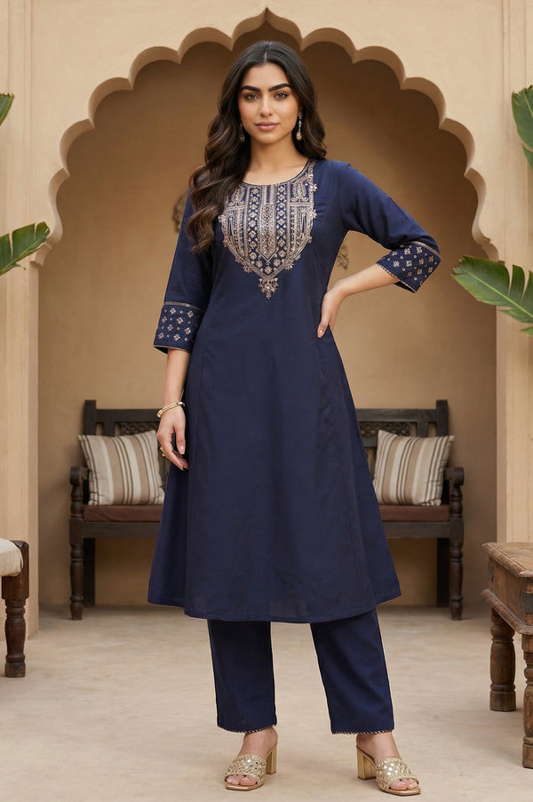 Navy Blue Embroidered Straight Kurta