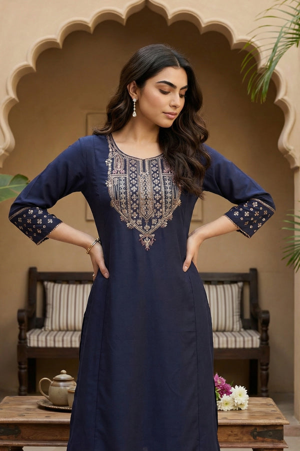 Navy Blue Embroidered Straight Kurta