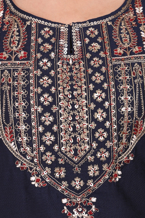 Navy Blue Embroidered Straight Kurta