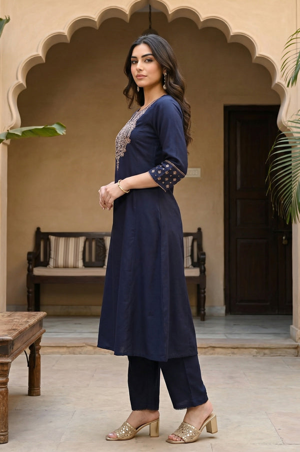 Navy Blue Embroidered Straight Kurta