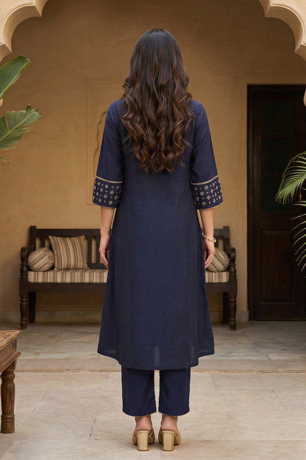 Navy Blue Embroidered Straight Kurta