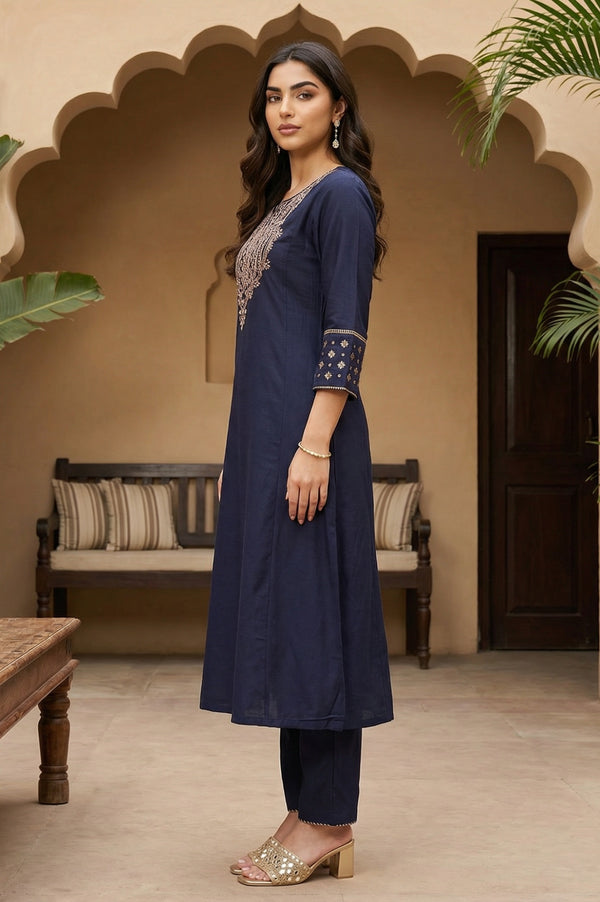 Navy Blue Embroidered Straight Kurta