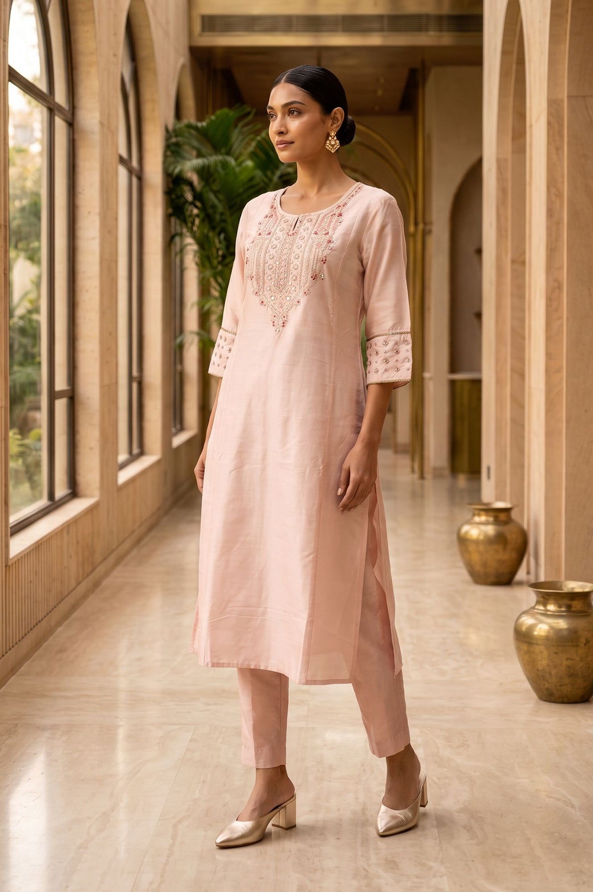 Pink Embroidered Straight Kurta