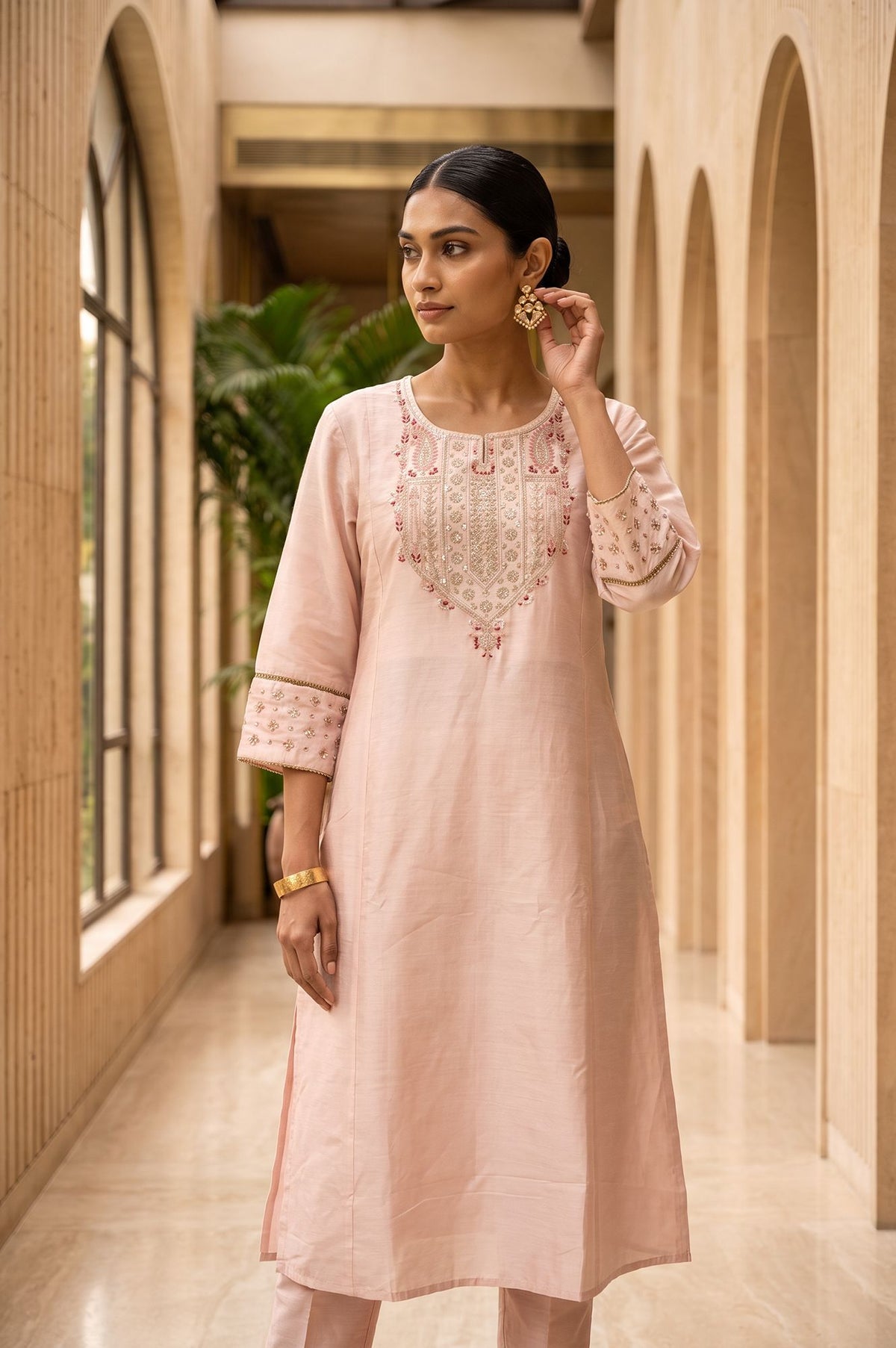 Pink Embroidered Straight Kurta