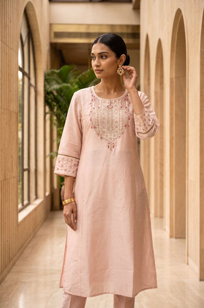 Pink Embroidered Straight Kurta