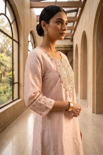 Pink Embroidered Straight Kurta