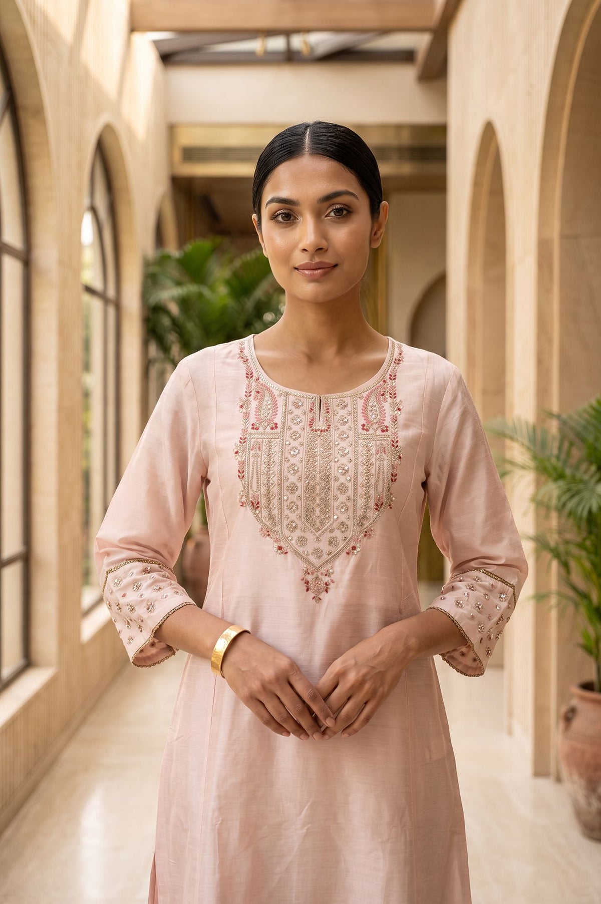 Pink Embroidered Straight Kurta