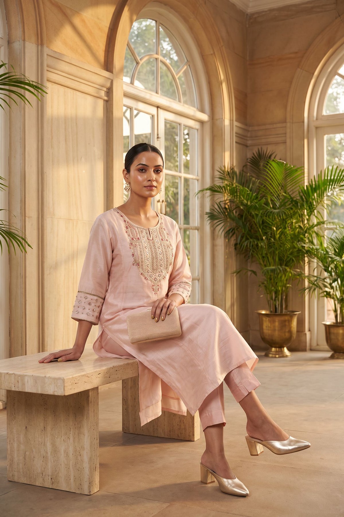 Pink Embroidered Straight Kurta
