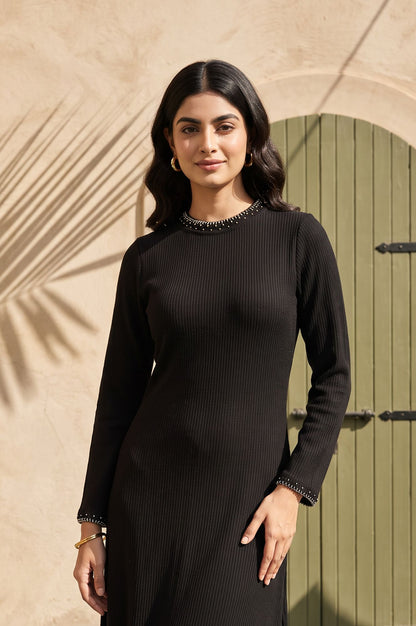 Black Yarn Dyed Embroidered A-line Winter Dress