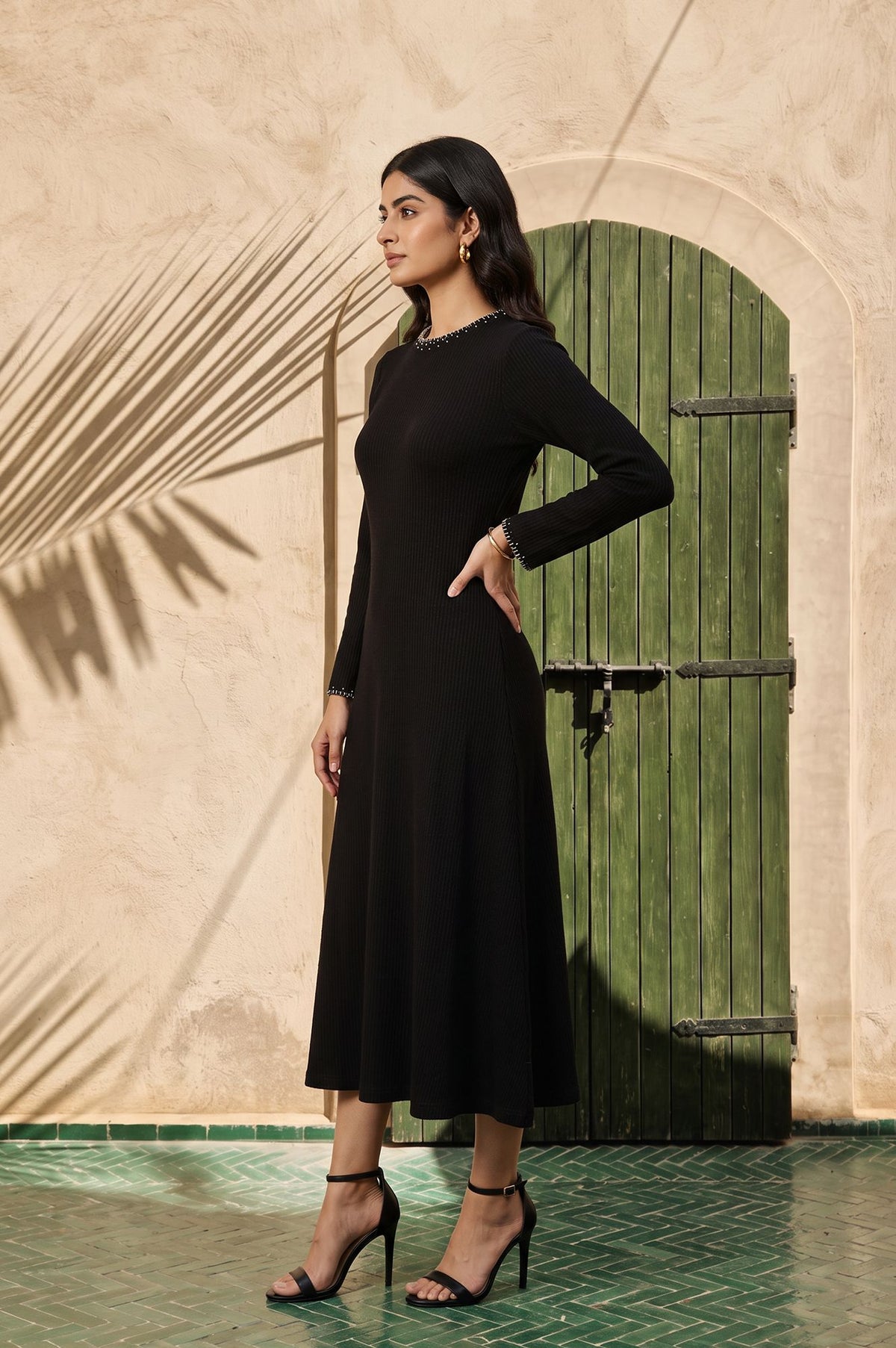 Black Yarn Dyed Embroidered A-line Winter Dress